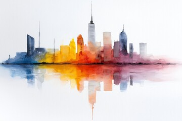 Fototapeta premium Cityscape of Colors: A stunning watercolor painting showcases an urban skyline in a mesmerizing array of vibrant hues, mirrored in the calm water below.