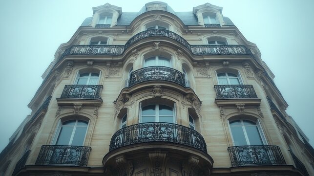 Parisian apartment building facade, foggy morning, architectural details, urban scene
