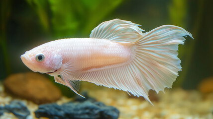 Beautiful albino Betta fish glowing with soft pink shades and flowing fins in natural light