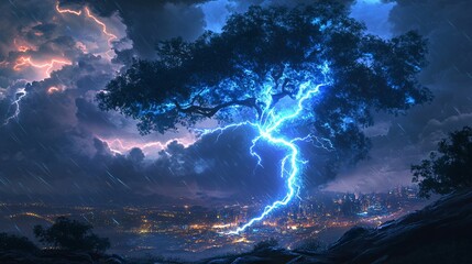 Fototapeta premium A mighty tree is struck by brilliant lightning during a storm