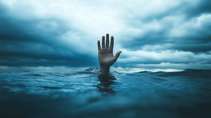 A lone hand reaching out from the ocean drowning or asking for help