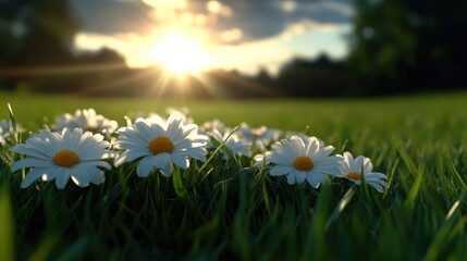 A meadow of daisies bathed in sunset light