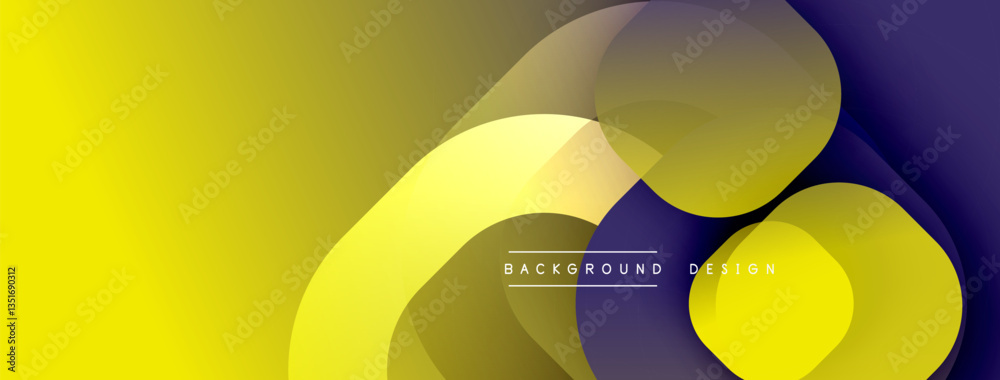 Poster Circular abstract design with overlapping translucent circles and round shapes, blending gradients and smooth curves, creating depth, contrast, and a dynamic visual effect
