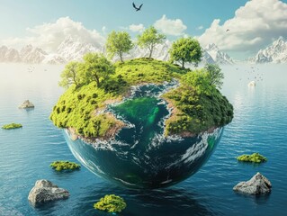 Fototapeta premium Green island planet, blue water, snowy mountains.