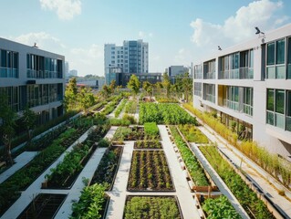 Fototapeta premium Urban rooftop garden, plants, buildings, sunny day.
