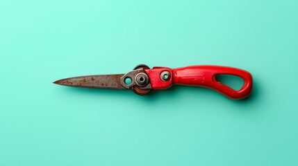 Vintage Pruning Shears: The close-up shows detailed pruning shears in an overhead view, the aged steel blade contrasting the vibrant red handle, all set against a refreshing cyan background.