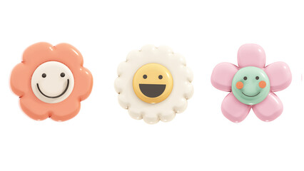 Glossy flowers with adorable smiling faces, cute and cheerful vibe soft pastel colors—peach, white, and pink—with expressive emoji-like faces