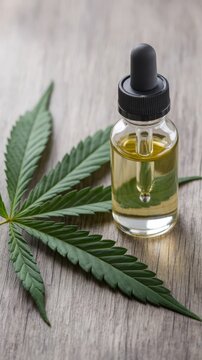 CBD oil dropper bottle with cannabis leaf on wood
