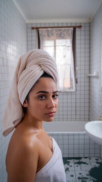 Woman with towel on head in bathroom