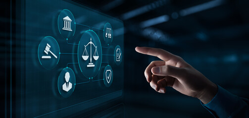 Human Hand Touching Screen with Legal and Justice Icons