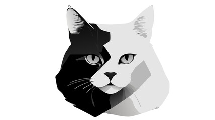 Obraz premium Minimalist Cat Face Illustration, split black-and-white design, striking duality and symmetry with green eyes, artwork representation with concept of contrasts