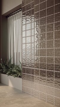 Translucent glass tiles on bathroom wall with window and plant
