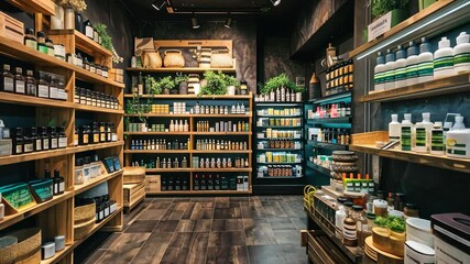 This space showcases an array of natural health products in an inviting store filled with greenery and wooden displays