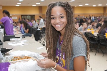 Volunteers serving meals at a community kitchen event in a large hall during an outreach program