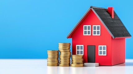 Miniature Red House Model with Stacked Coins, Concept of Real Estate Investment