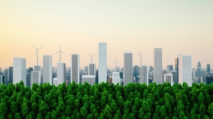 Fototapeta premium Infographic showing the connection between net zero emissions and a thriving environment, with examples of renewable energy systems, eco-friendly buildings, and nature-based solutions like urban