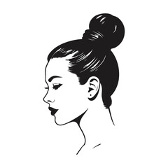 A simple black and white vector illustration of a woman’s profile with flowing hair, set on a clean white background