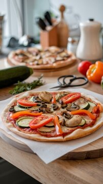 Vegetarian pizza with zucchini tomato peppers and mushrooms on wooden table