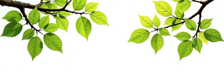 Fototapeta premium Branches of trees with leaves isolated on white background with some texture, plants, branch, white