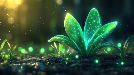 Glowing Plant Sprout in Magical Forest.