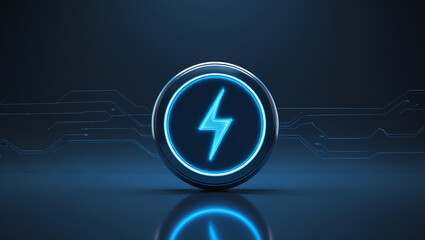 Futuristic Power Button Symbol with Soft Blue Glow and Circuit Lines on Black Background