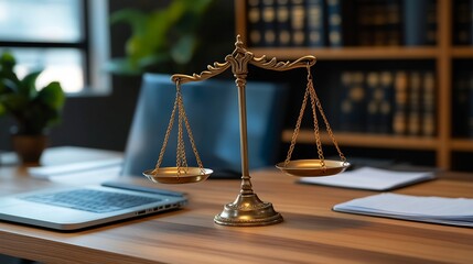 Golden Scale of Justice on Wooden Desk with Laptop and Bookshelves
