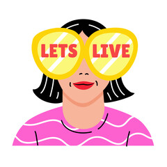 Flat sticker of a character wearing big glasses written lets live 