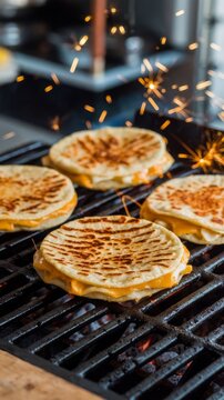 Traditional salvadoran pupusas with melted cheese on a grill traditional cheese pupusas on the grill side view of four traditional crispy pupusas on the grill