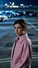 Fototapeta premium Pretty caucasian brunette in a pink wool jacket in an empty car park illuminated
