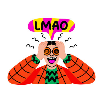 Flat style sticker of a laughing character with lmao typography 