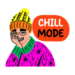 A laughing character in chill mode, flat typographic sticker 