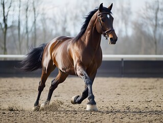 A beautiful brown horse runs gracefully across a sandy surface, showcasing its strength and elegance. The sunlight highlights its shiny coat against a serene background of trees.