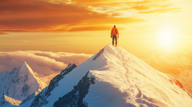 A Solitary Mountaineer Standing on a Snow-Capped Peak Bathed in the Golden Glow of Sunrise