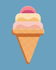 Triple ice cream in a waffle mug - a colorful vector