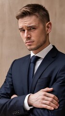 Young caucasian man isolated on beige background who feels confident, crossing arms with determination.