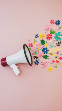 Megaphone with colorful flowers and leaves coming out of it agnst pastel pink background
