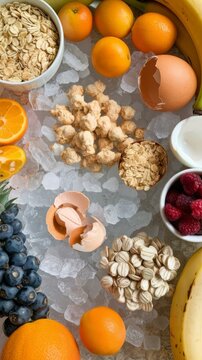 Overhead view of raw oatmeal kumquats spikes and sugar cracked eggs bananas on ice background