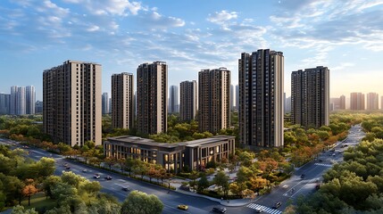 Naklejka premium Clear skies enhance futuristic skyline and modern architectural design image