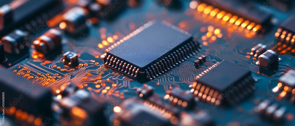 Poster a close-up view of intricate microchip circuitry, showcasing detailed components and glowing connect
