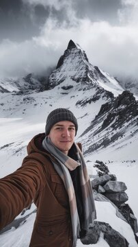 Young man wearing winter clothes taking selfie picture in winter snow mountn