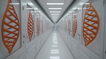 Fototapeta premium A cutting-edge biotech research facility with 3D visualizations of DNA structures on digital screens, highlighting the latest advancements in genetic research and biotechnology. , Minimalism Clean