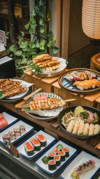 High angle japanese street food restaurant