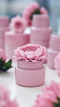 Pink cosmetic contners and flowers