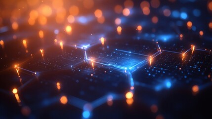 Obraz premium A sleek digital background showcasing bright blue neon circuit traces linking seamlessly over a shadowy gradient field, enriched by translucent hexagonal grids that create a sense of innovation 