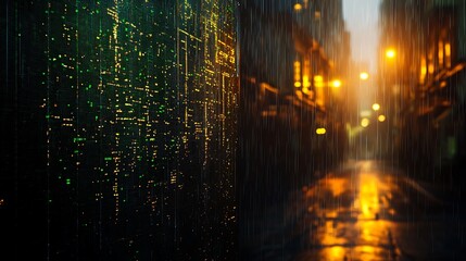 Digital rain falls on a wet street with glowing city lights at dusk, creating contrast and atmosphere
