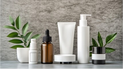 Skincare products and plants neatly arranged on a reflective surface