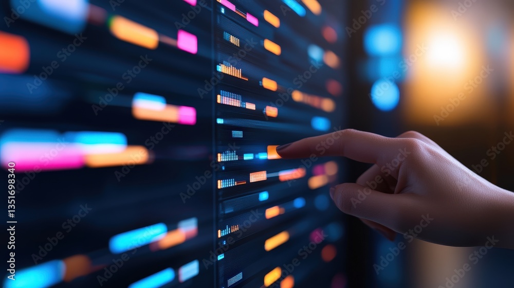 Poster a close-up of a hand interacting with a digital interface displaying colorful data visualizations an