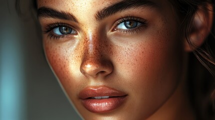 Radiant Beauty: A close-up portrait of a young woman with captivating features: freckles, soft skin and bright eyes, glowing under natural light.