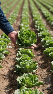 Crop farmer with seedling of lettuce