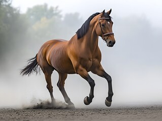 Obraz premium A majestic horse gallops through a dusty landscape, showcasing its strength and grace. The powerful movement contrasts with the calm background, capturing the essence of freedom.